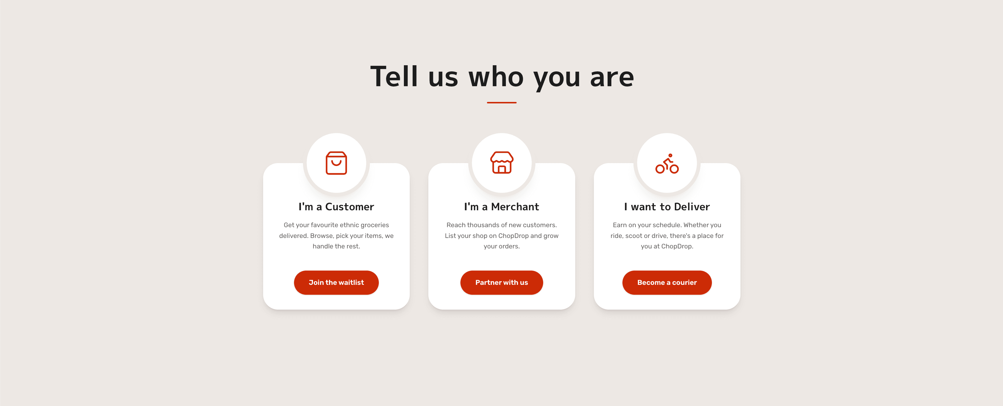 The ChopDrop website section inviting customers, merchants and couriers to join the platform.