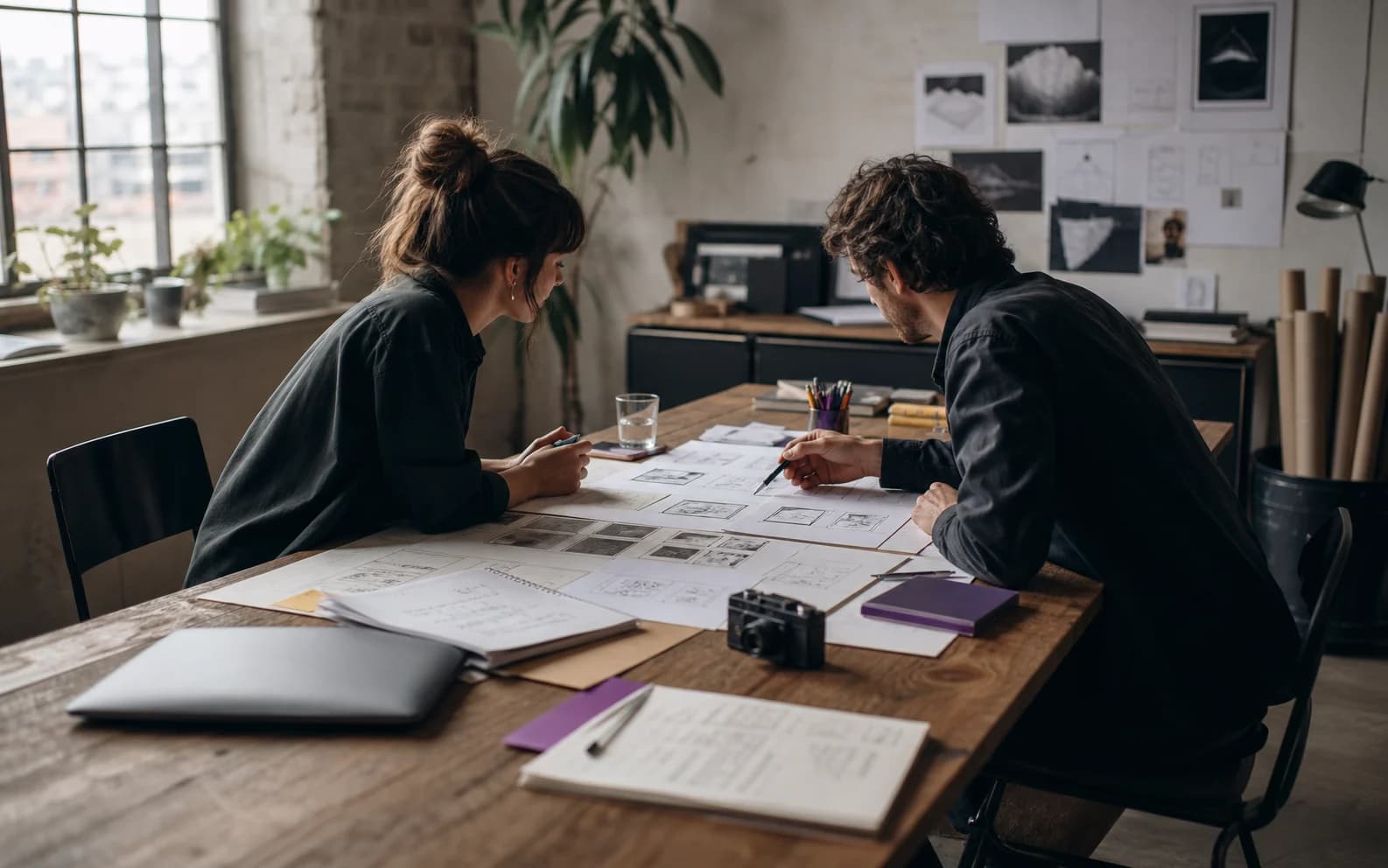Two creative professionals discussing storyboards and interface sketches around a studio table.