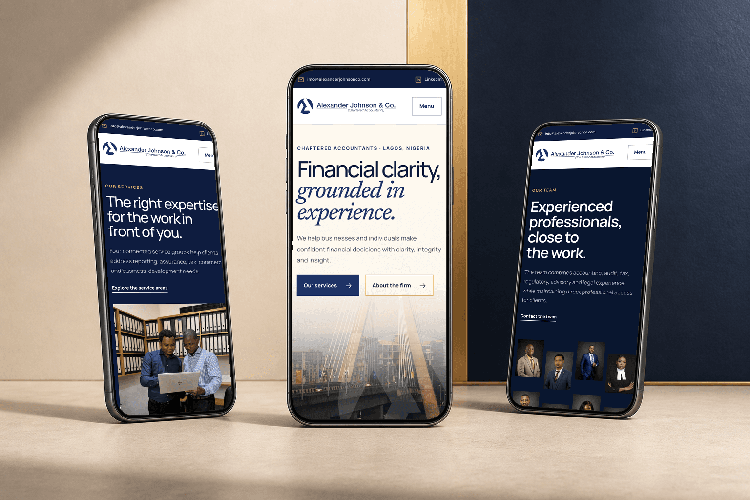 Three phones showing the live Alexander Johnson and Co homepage, services page and team page.