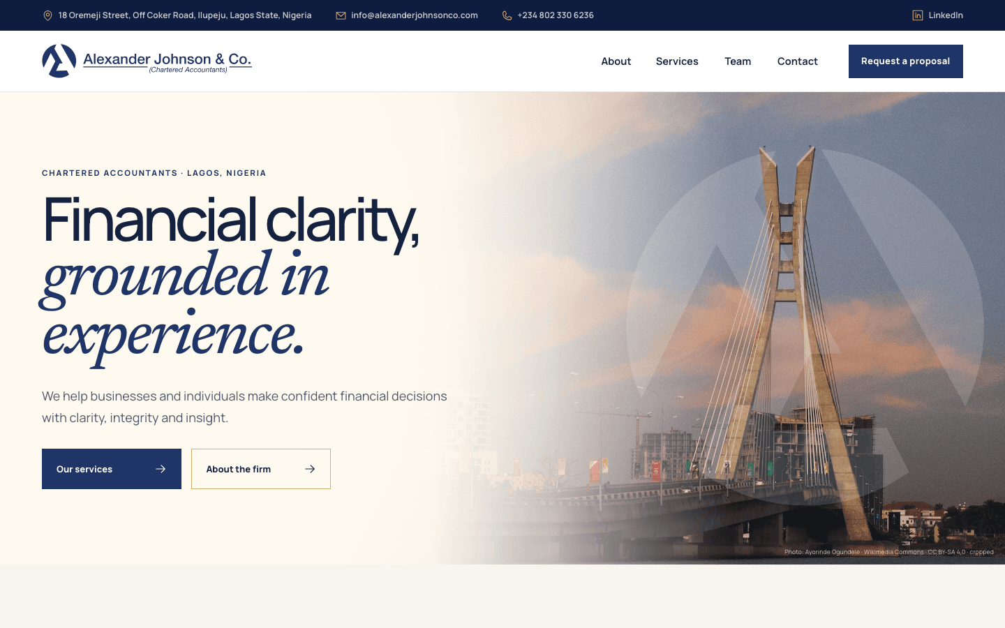 The completed Alexander Johnson and Co homepage at desktop size.