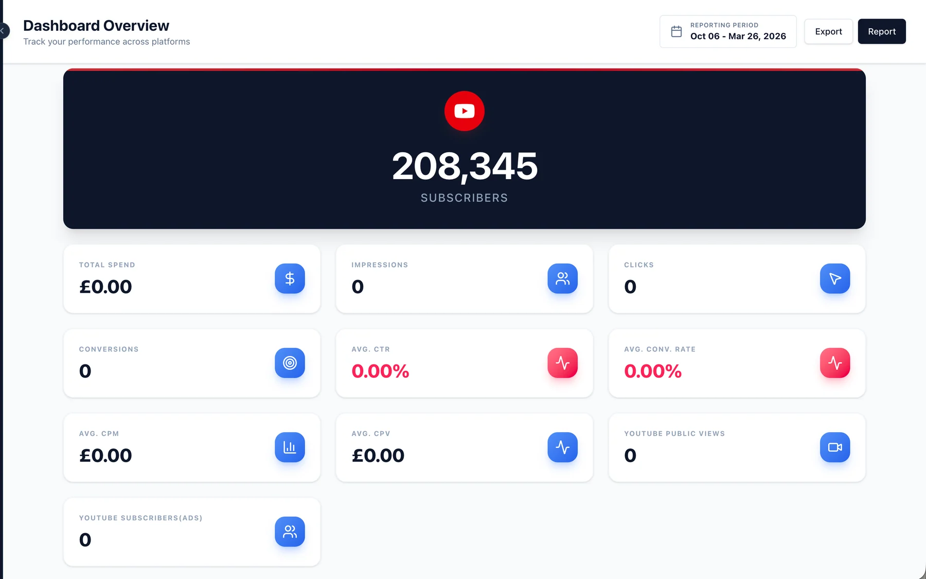A reporting dashboard presenting YouTube audience and Google Ads data in one view, shown with demonstration values.
