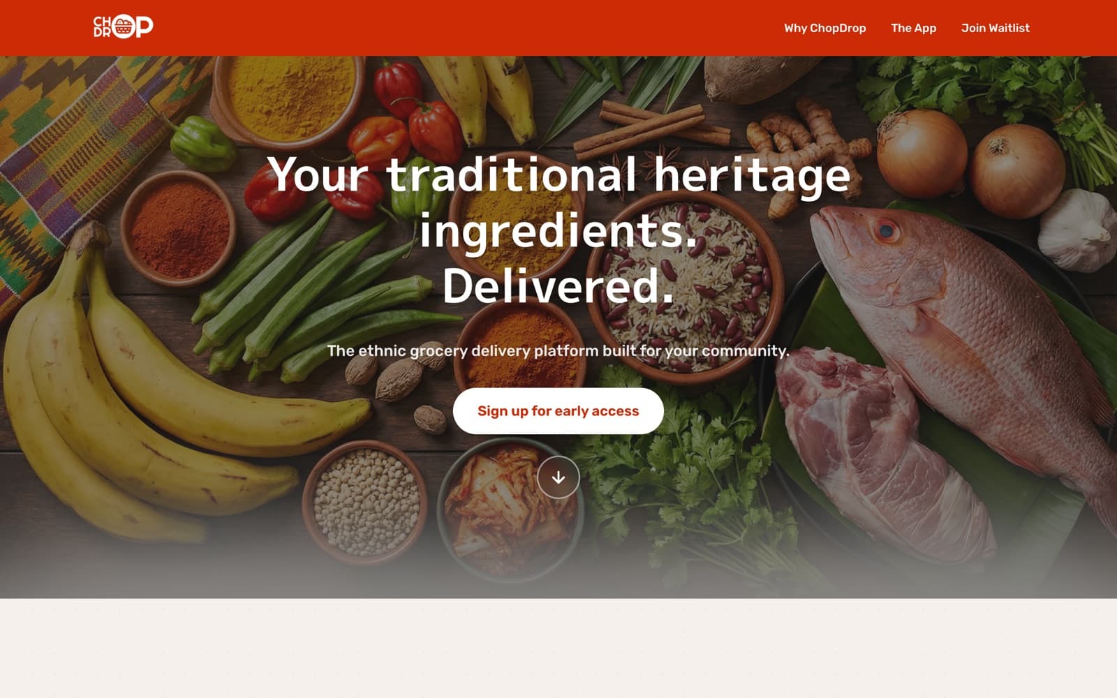 The live ChopDrop grocery marketplace homepage at desktop size.